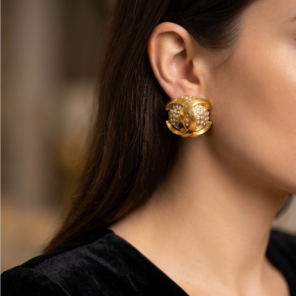 CHANEL Jewelry - Chanel 23 Gold Plated CC Rhinestone Clip On Earrings